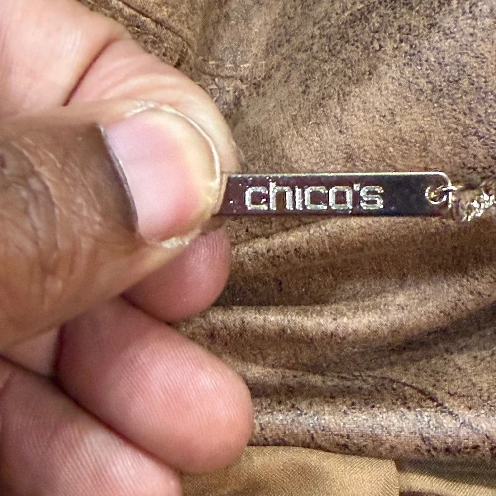 Chico's Elongated Moto Coated Faux Suede Jacket Worn Luggage Brown 4 20/22 ws